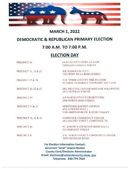 MARCH 1 2022 PRIMARY ELECTION ELECTION DAY SCHEDULE