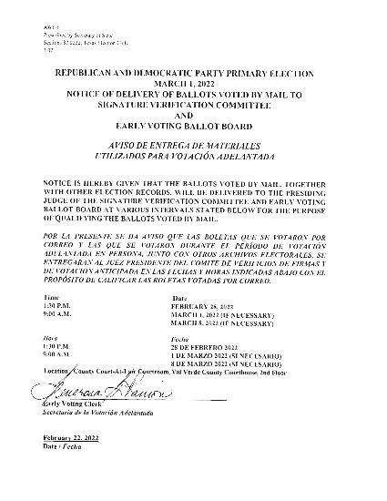 REP DEM PARTY PRIMARY ELECTION NOTICE OF DELIVERY OF BALLOTS VOTED BY MAIL TO SIGNATURE VERIFICATION