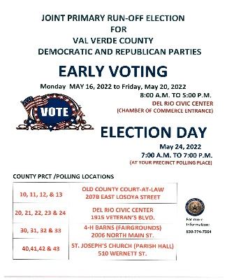 EARLY VOTING SCHEDULE MAY 24TH JOINT PRIMARY RUN-OFF ELECTION